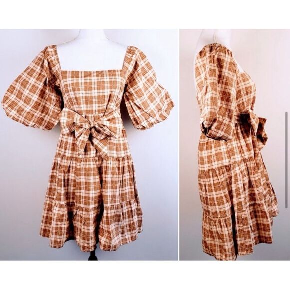 New Faithfull The Brand Eryn Mini Dress in Lori Check Print Dress Brown Plaid 4 - Picture 5 of 7
